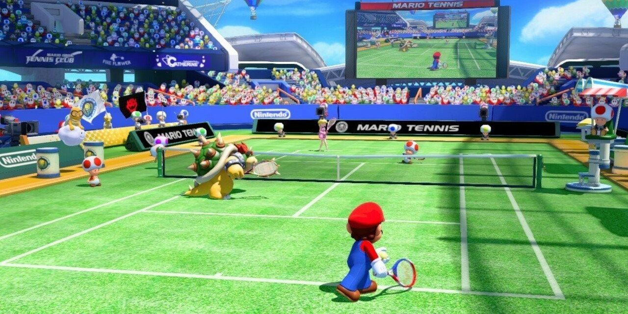 A tennis match of Mario and Bowser against Princess Peach and Toad