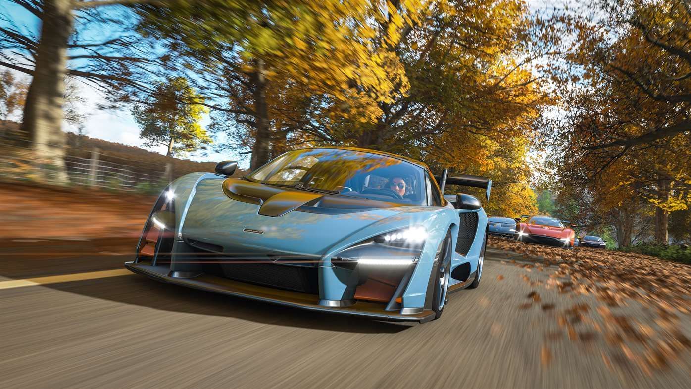 Shiny sports car zooming down road in Forza Horizon 4