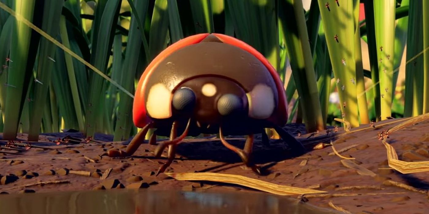 A Ladybug stares at the Grounded main character.
