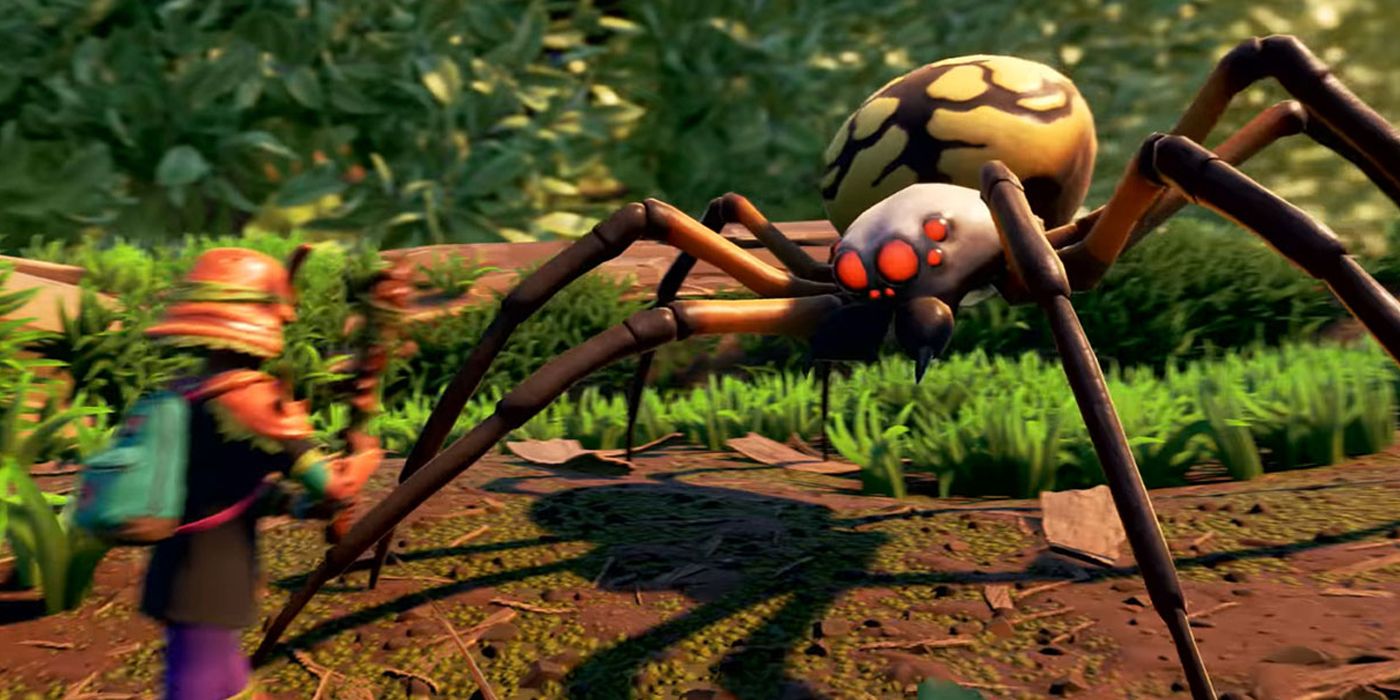 a player runs up to a large spider to attack it in grounded