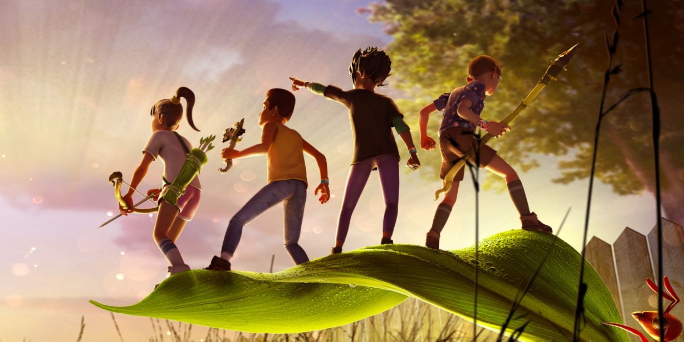 The four main characters in Grounded standing on a leaf, looking out at the distance.