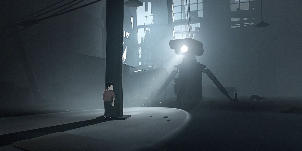 PlayDead's Inside gameplay character hiding behind a pole from an enemy