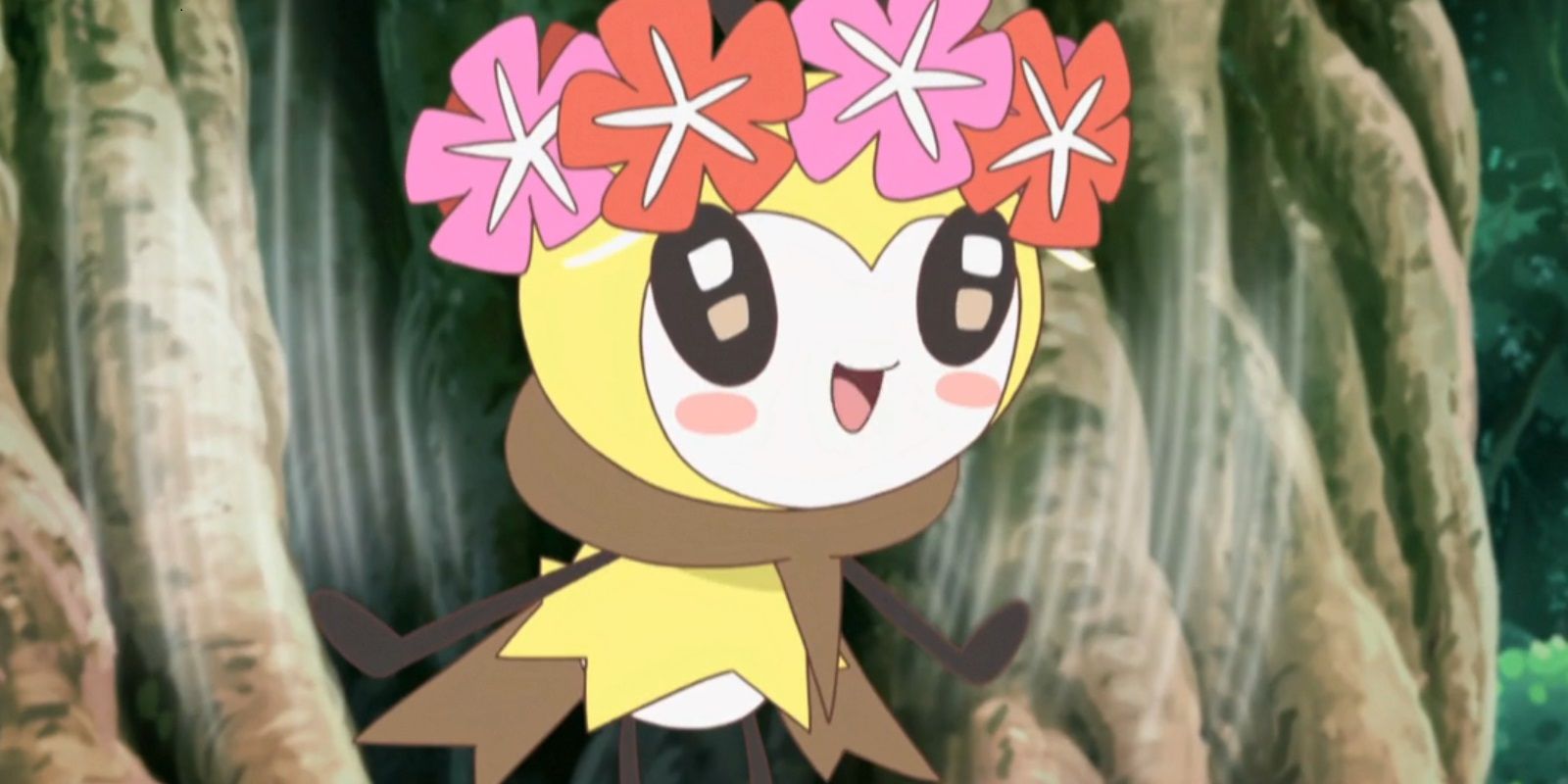 Ribombee floating near a tree with a flower crown in the Pokemon anime