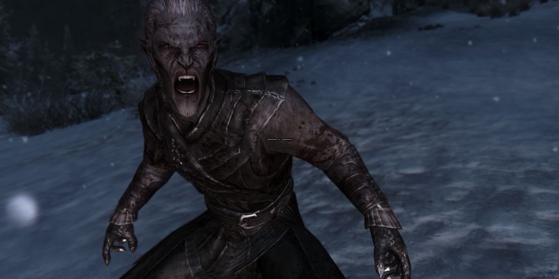 A vampire snarling at the player in Skyrim