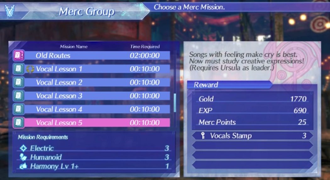 Ursula's Merc Missions menu in Xenoblade Chronicles 2