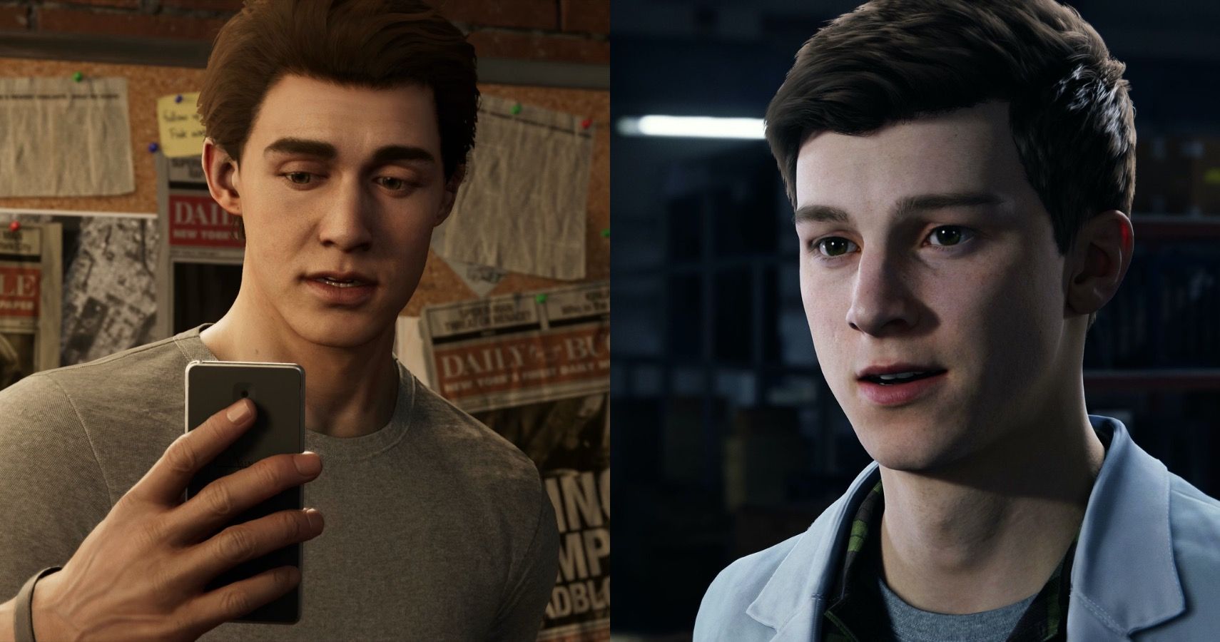photo of Peter Parker holding a cell phone is the ps4 version versus the ps5 redesign