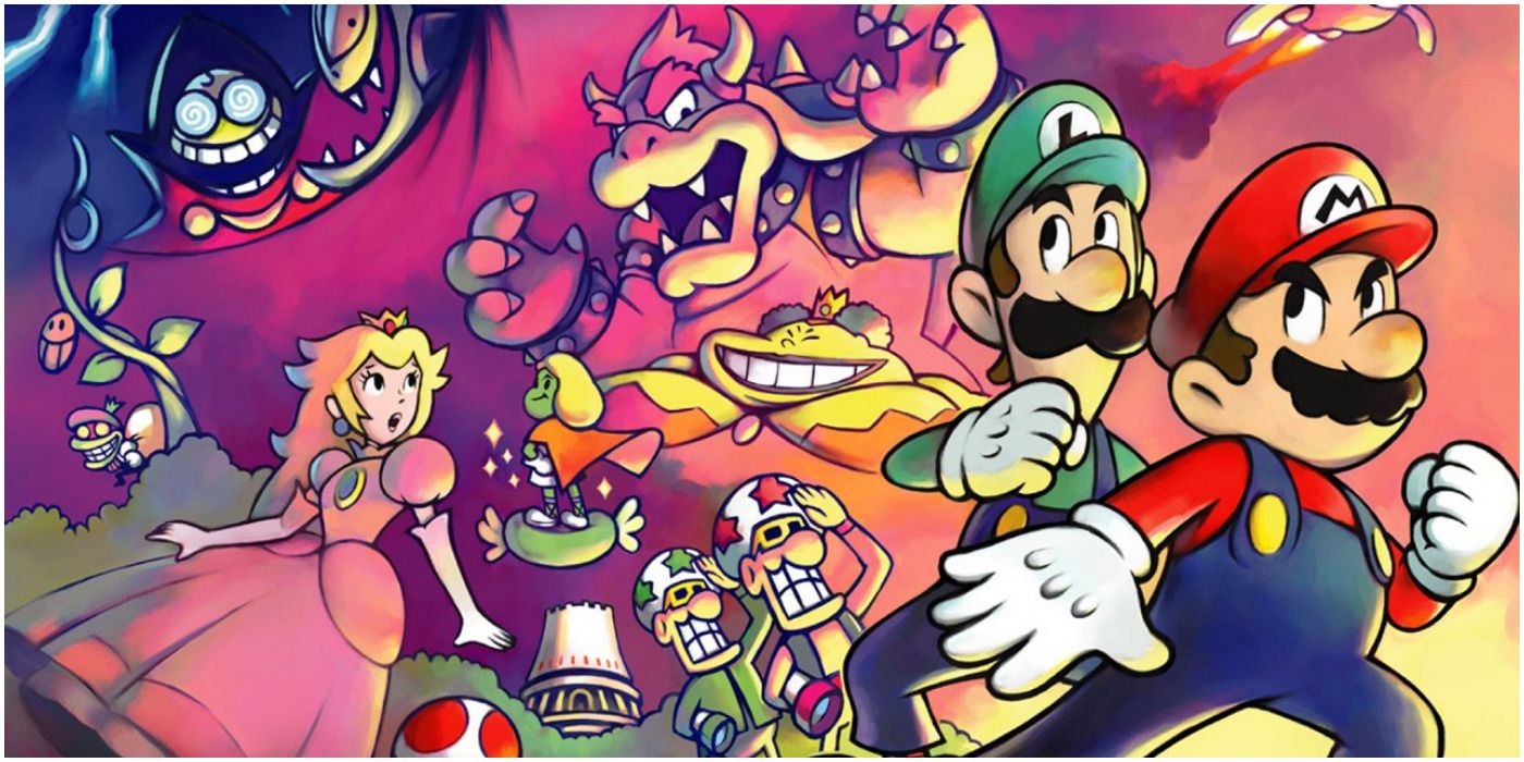 Bowser, Peach, Luigi, Mario und weitere Charaktere in Werbebildern aus Mario And Luigi: Superstar Saga.