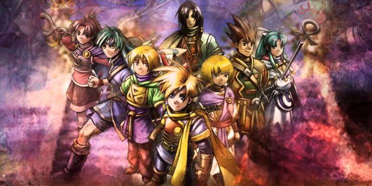 Key art from Golden Sun, showing the party members posing on a mysterious, colorful background