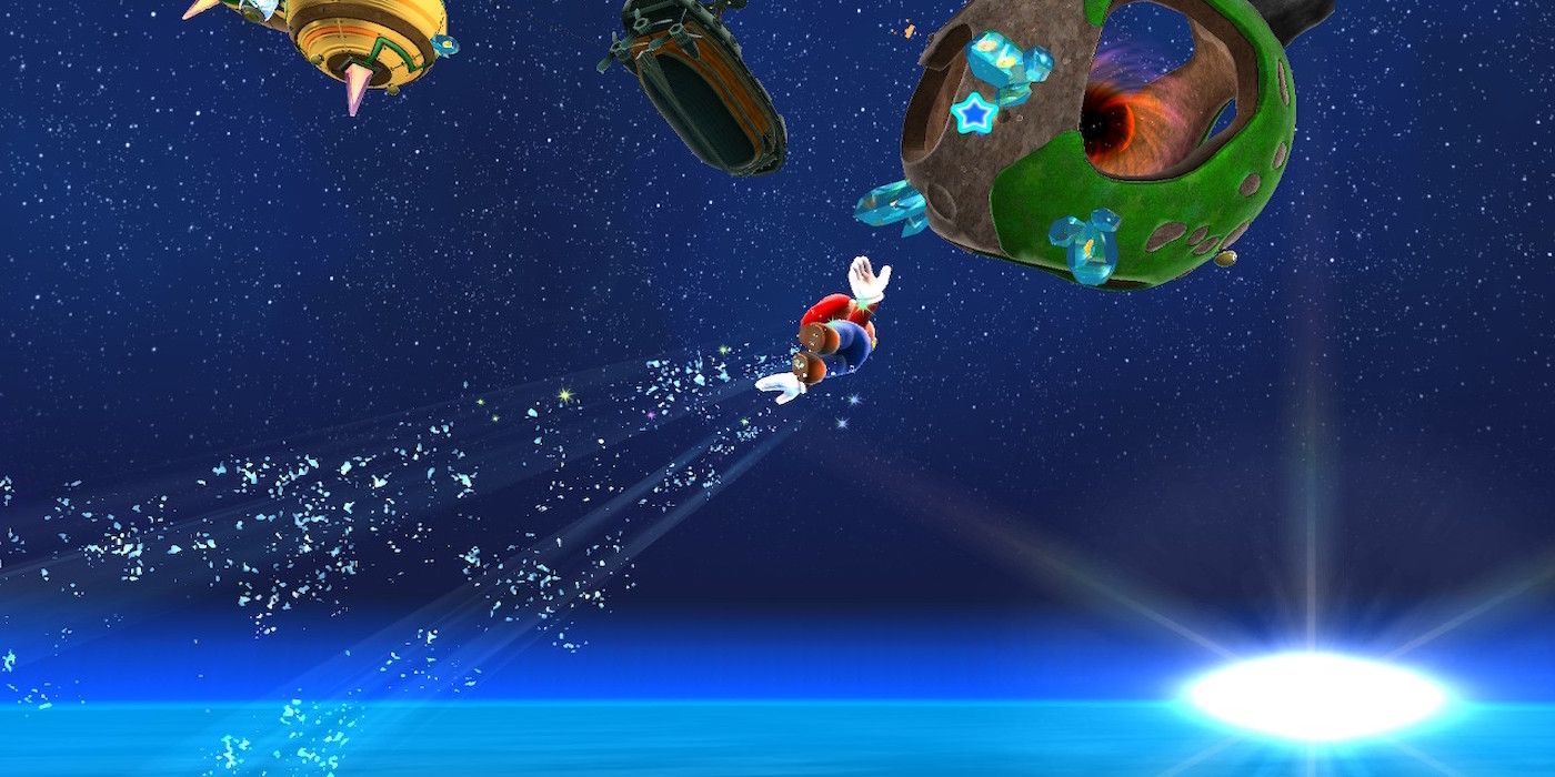 Mario soaring through space with sun rising to small planet in Super Mario Galaxy