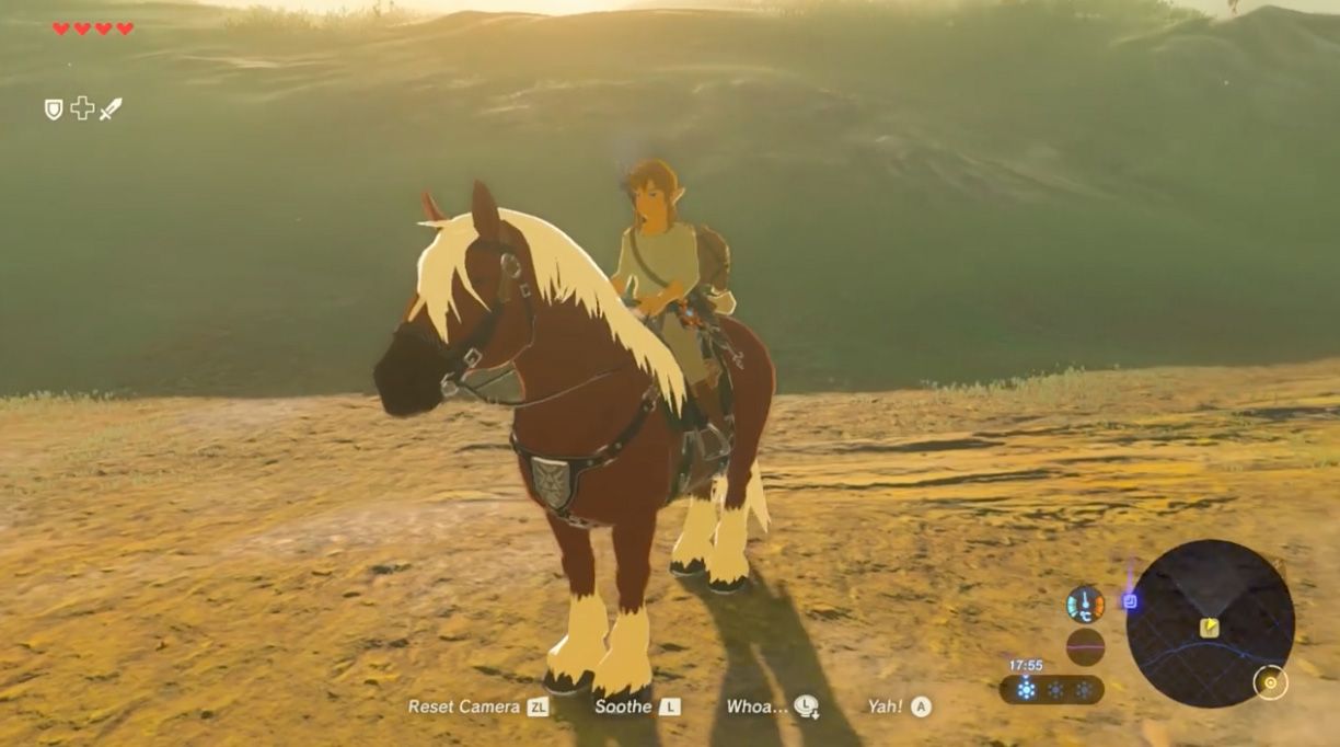 Link sits atop Epona in Breath of the Wild. 