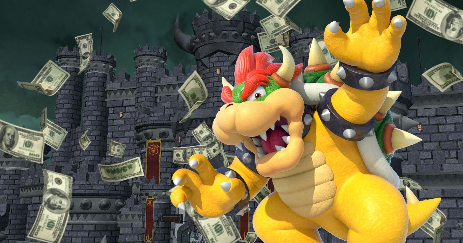 Bowsers In Front Of His Castle And Falling Money