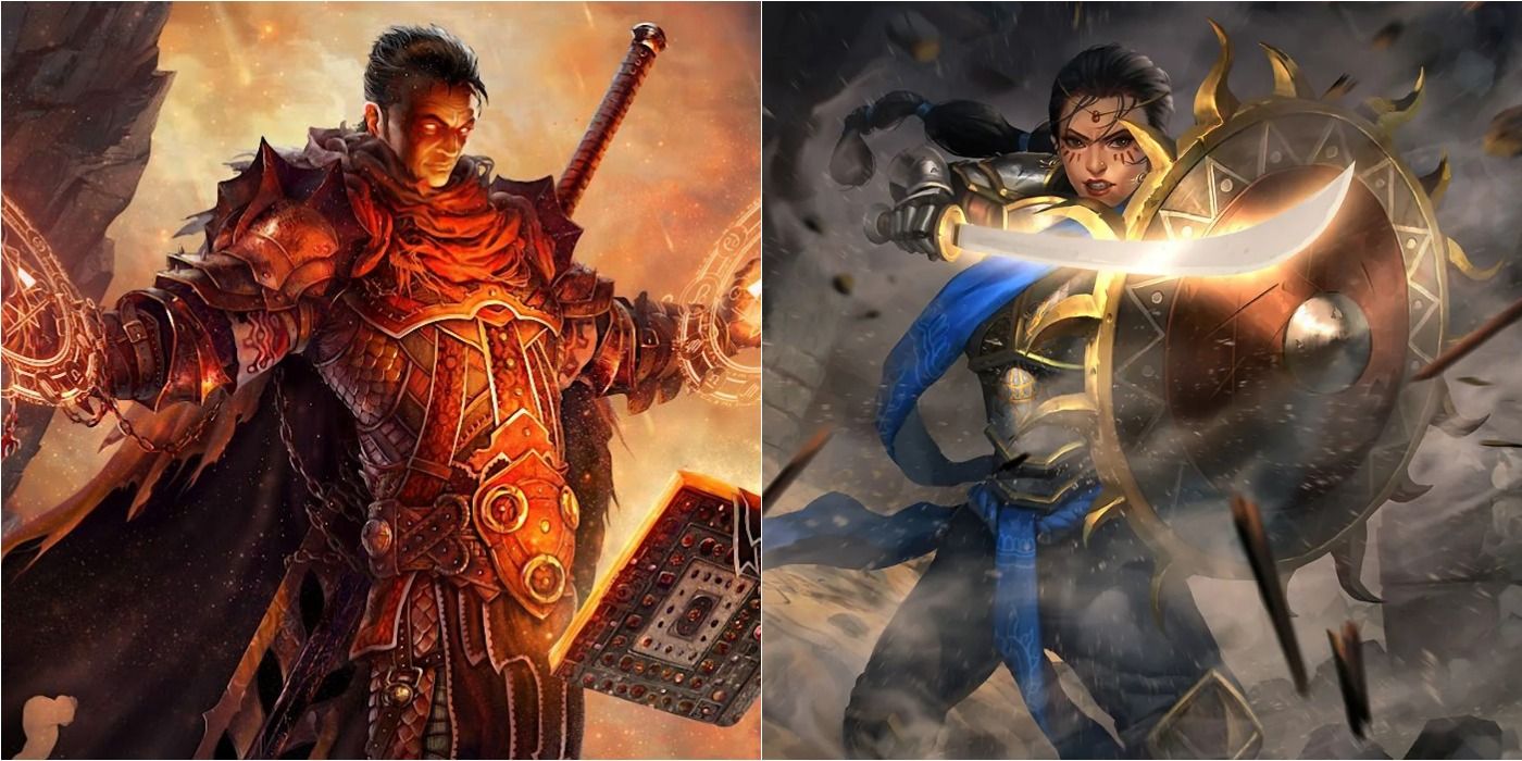 Split image, sorcerer/fighter with book on left, swashbuckler with scimitar on the right