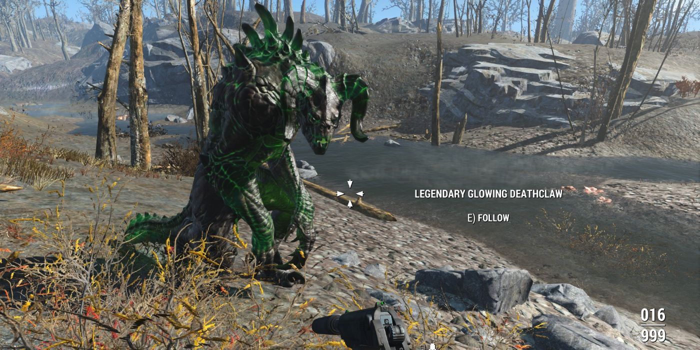 A Tamed Glowing Deathclaw in Fallout 4.
