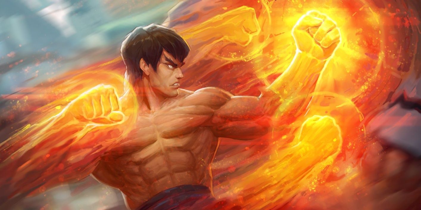 Fei Long from Street Fighter performing a flaming kick