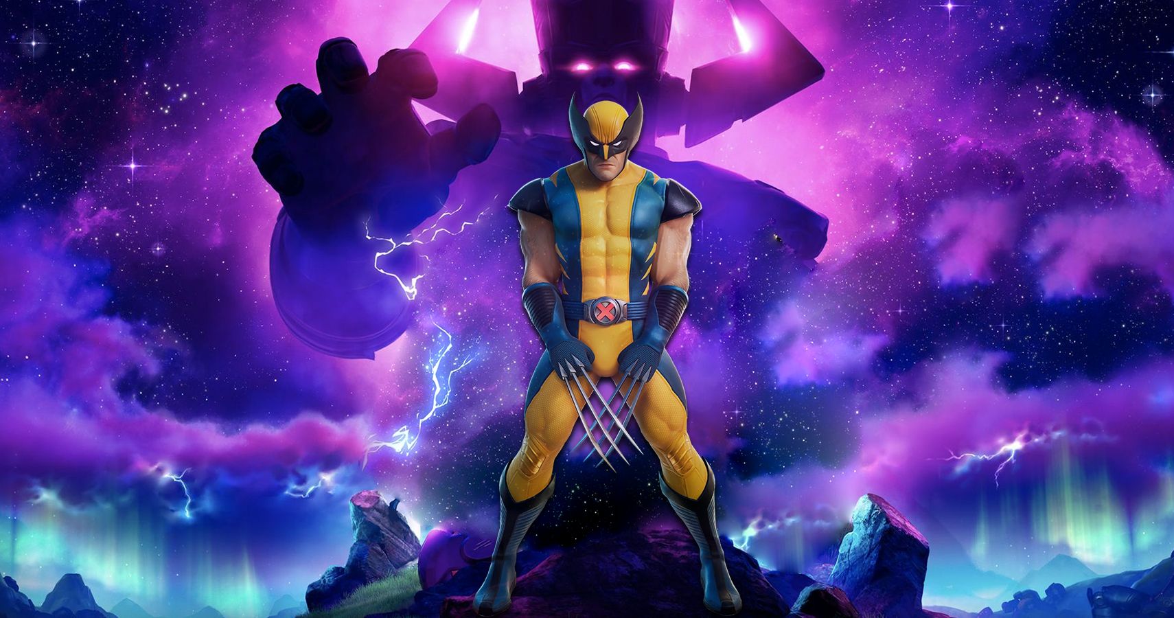 Fornite Nexus War background with Wolverine in foreground