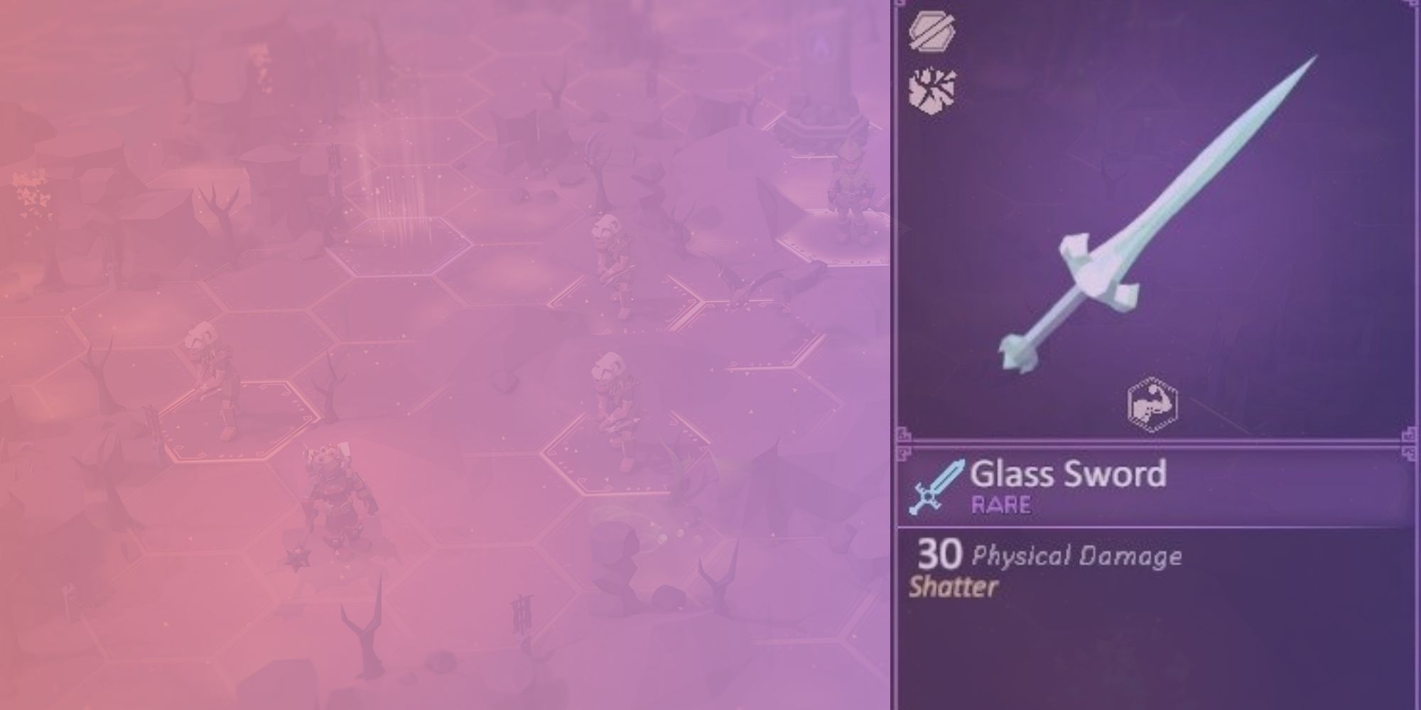 Glass sword stats over a pink and purple gradient background