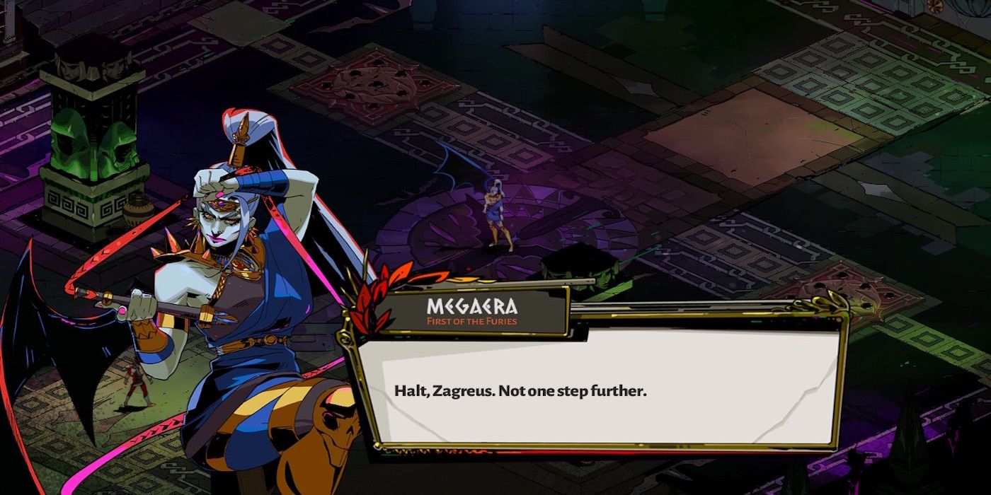 Megaera from the Hades game stopping Zagreus