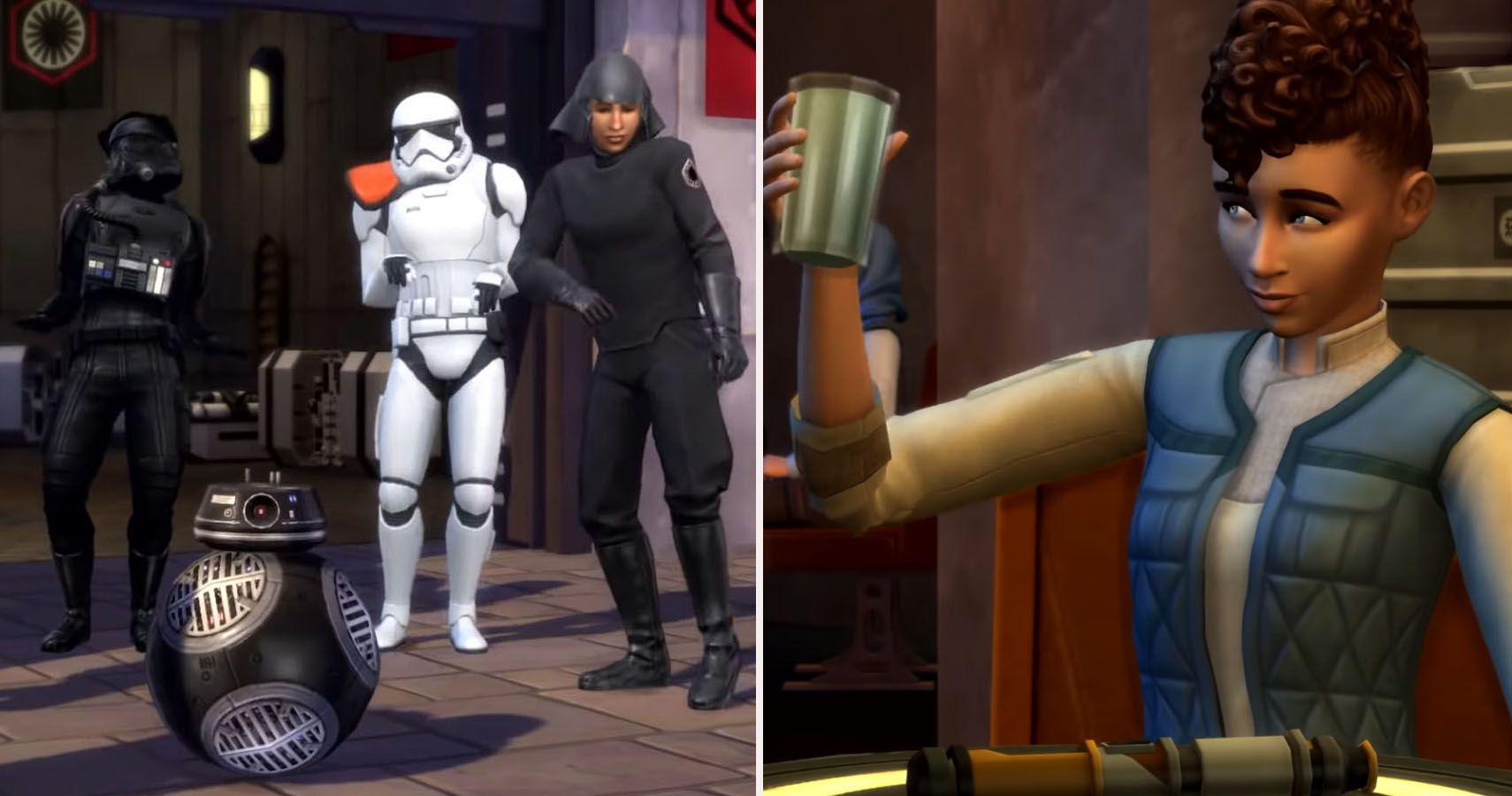 Split image stormtrooper and first order dancing with droic and sim raising a glass in the cantina.