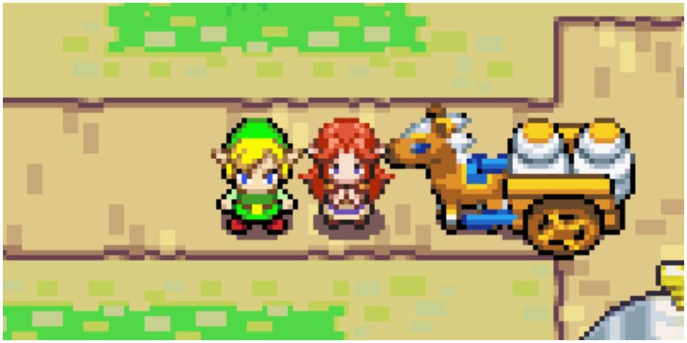 Link and Malon with Epona pulling Malon's milk cart in The Minish Cap. 