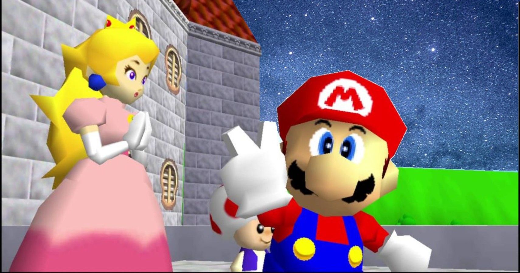Mario, Peach and Toad In Front Of Space