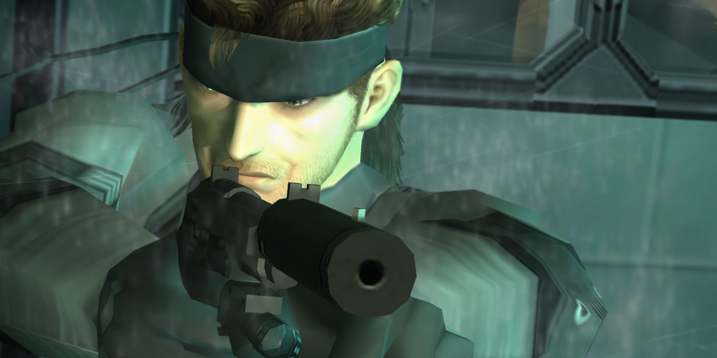 Snake Pointing a suppressed M9 gun in Metal Gear Solid 2 