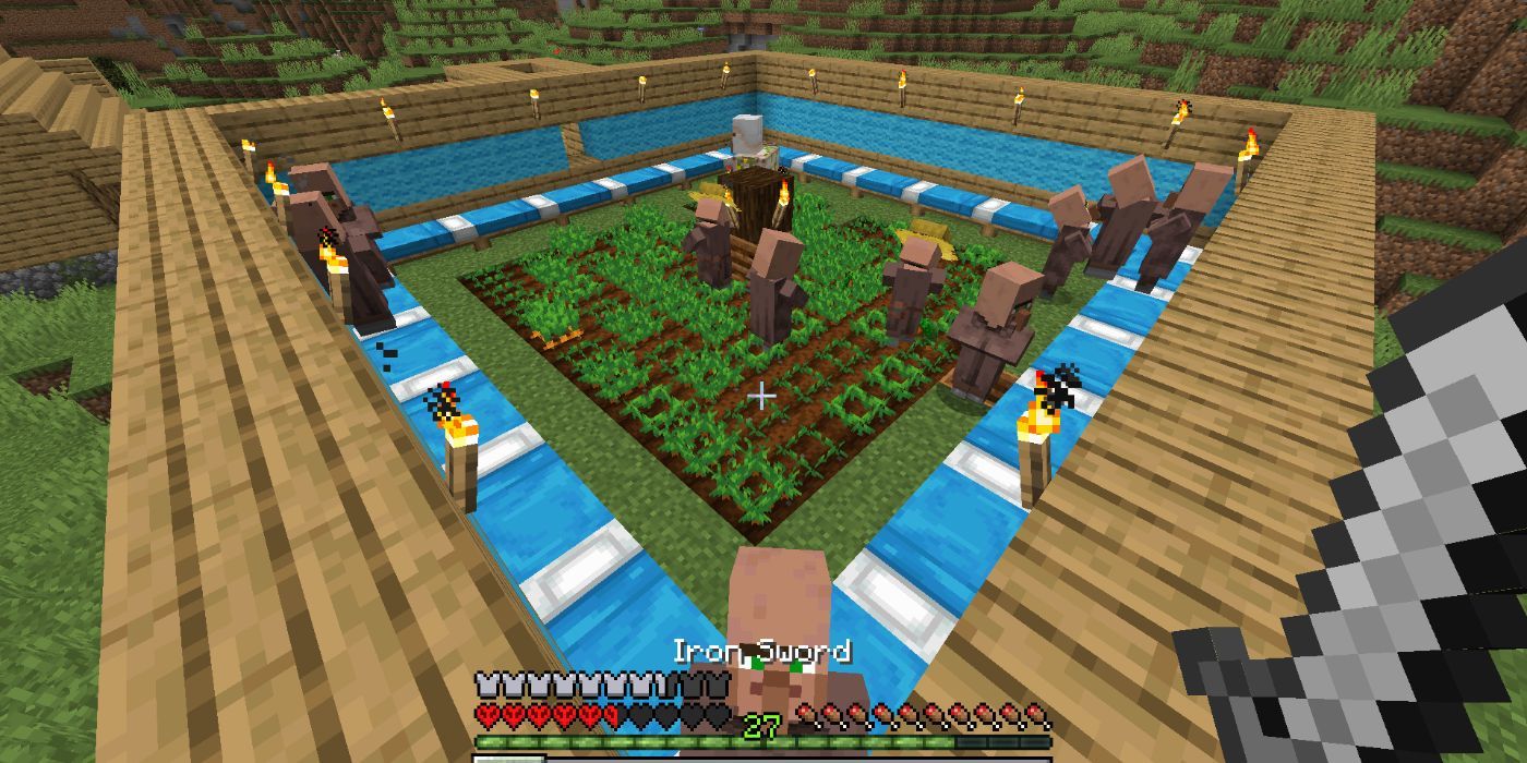 Minecraft Villagers Farming Carrots Beside Blue Beds