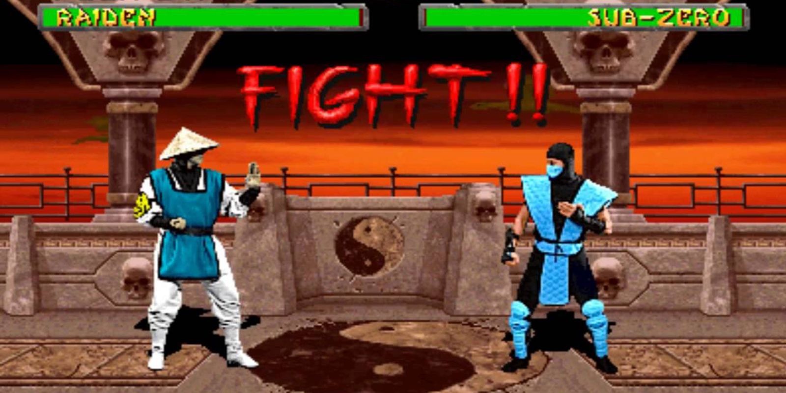 Raiden about to duel with Sub-Zero in Mortal Kombat 2.
