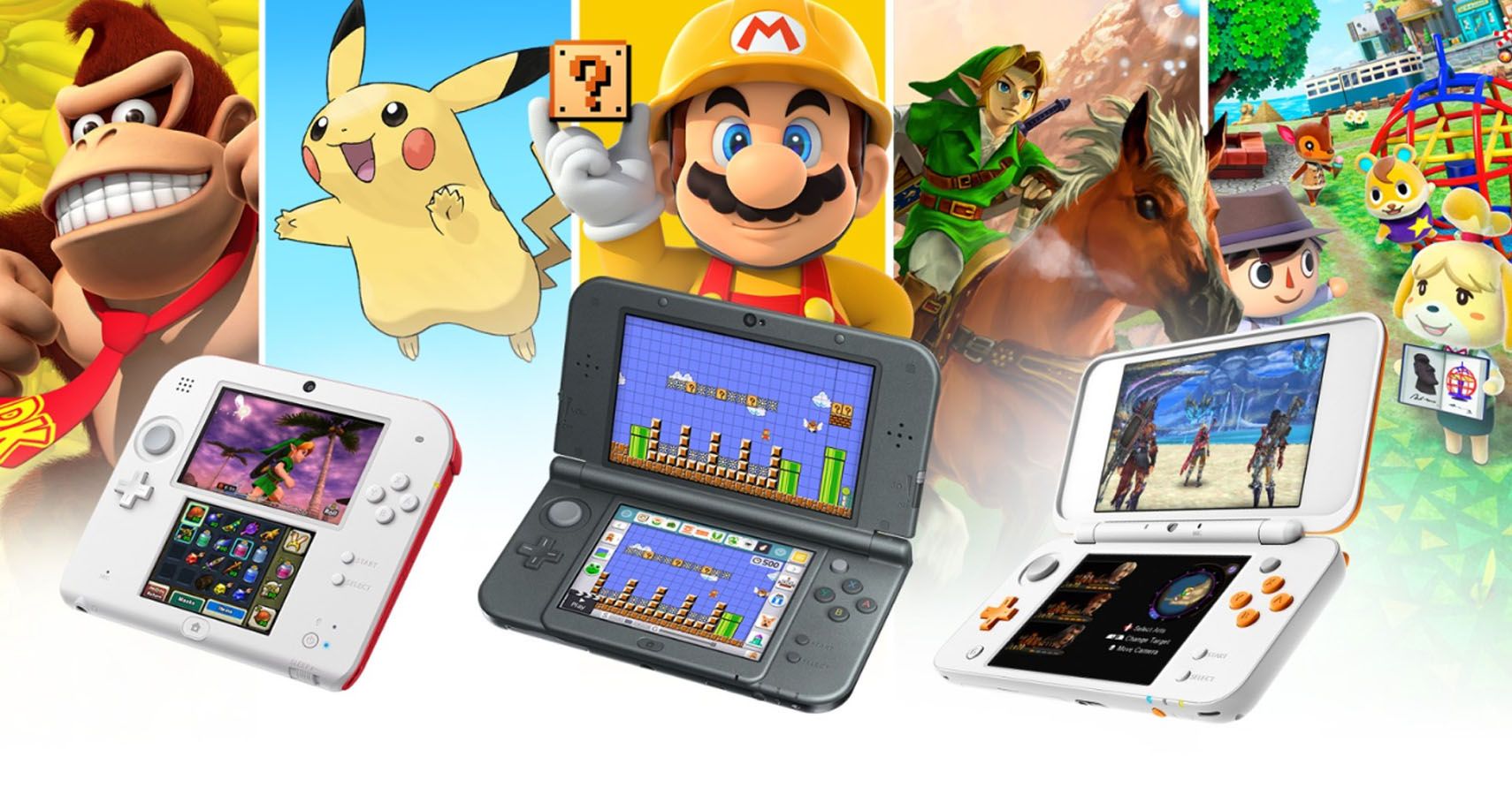 Donky kong, pikachu, mario, link and Isabelle behind 2DS, 3DS and 3DSXL consoles.