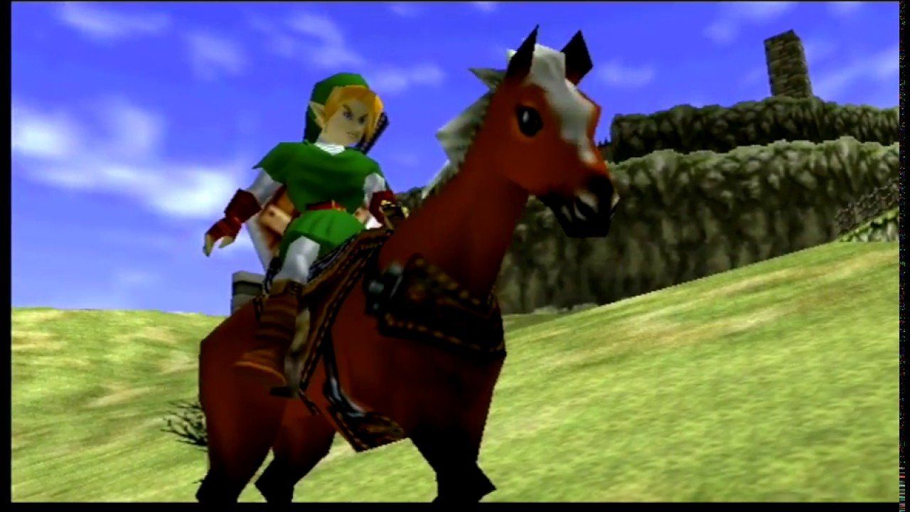 Adult Link riding Epona in Hyrule Field in Ocarina of Time. 