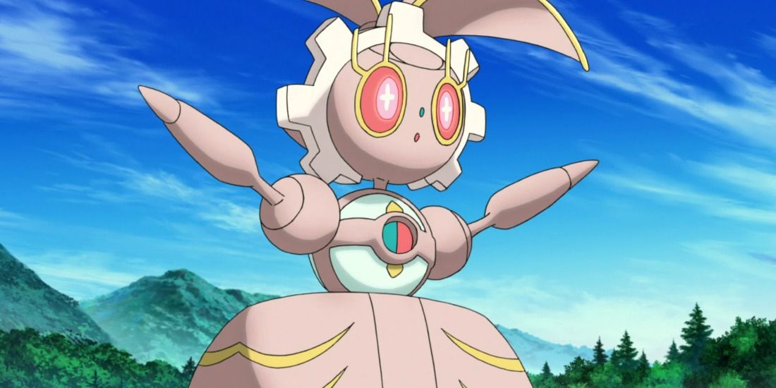 Magearna welcomes its friends with open arms while giving a surprised expression in the Pokémon anime
