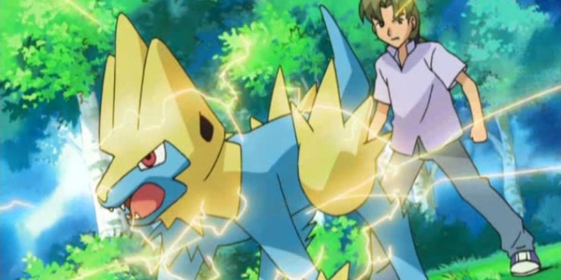 A trainer's angry Manectric covered in electricity in the Pokémon anime