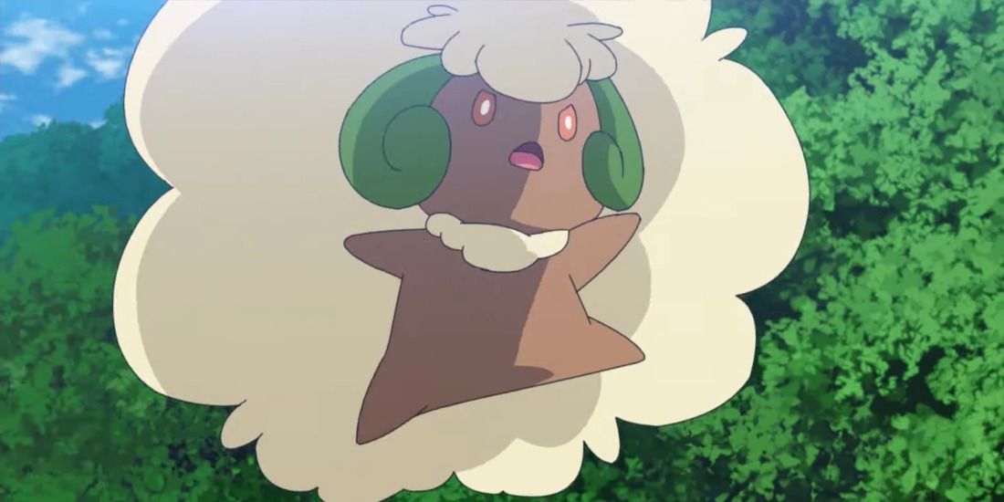 Whimsicott jumping through a forest in the Pokémon Anime