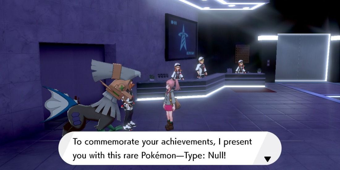 A trainer character recieving Type: Null in the Battle Tower of Pokémon Sword & Shield