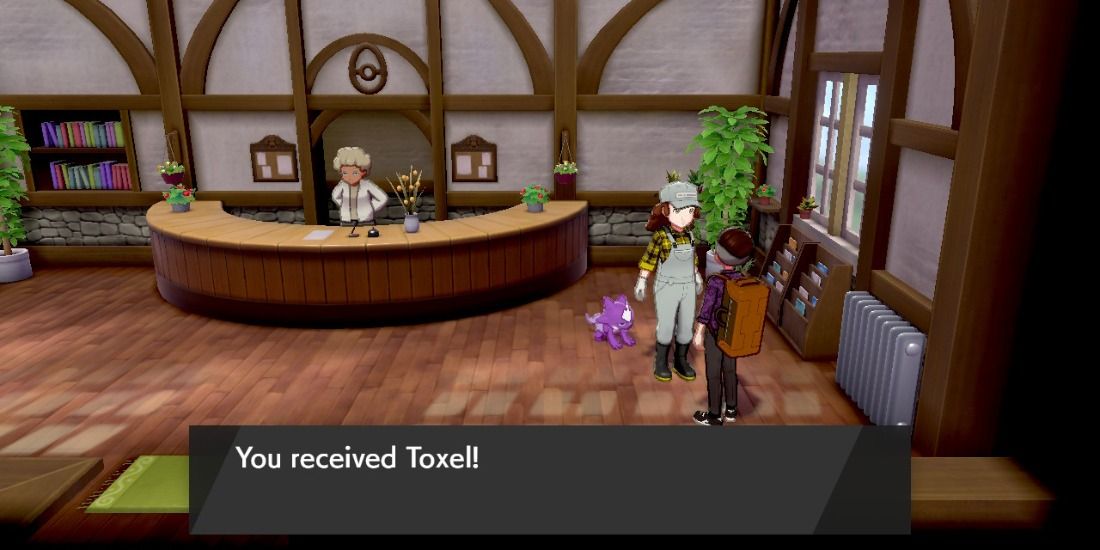 A trainer recieving a Toxel from the Daycare in Pokémon Sword & Shield