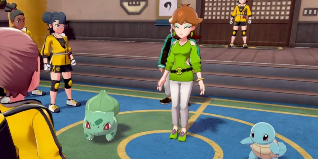 Honey from the Isle of Armor DLC offering the trainer a Bulbasaur or Squirtle