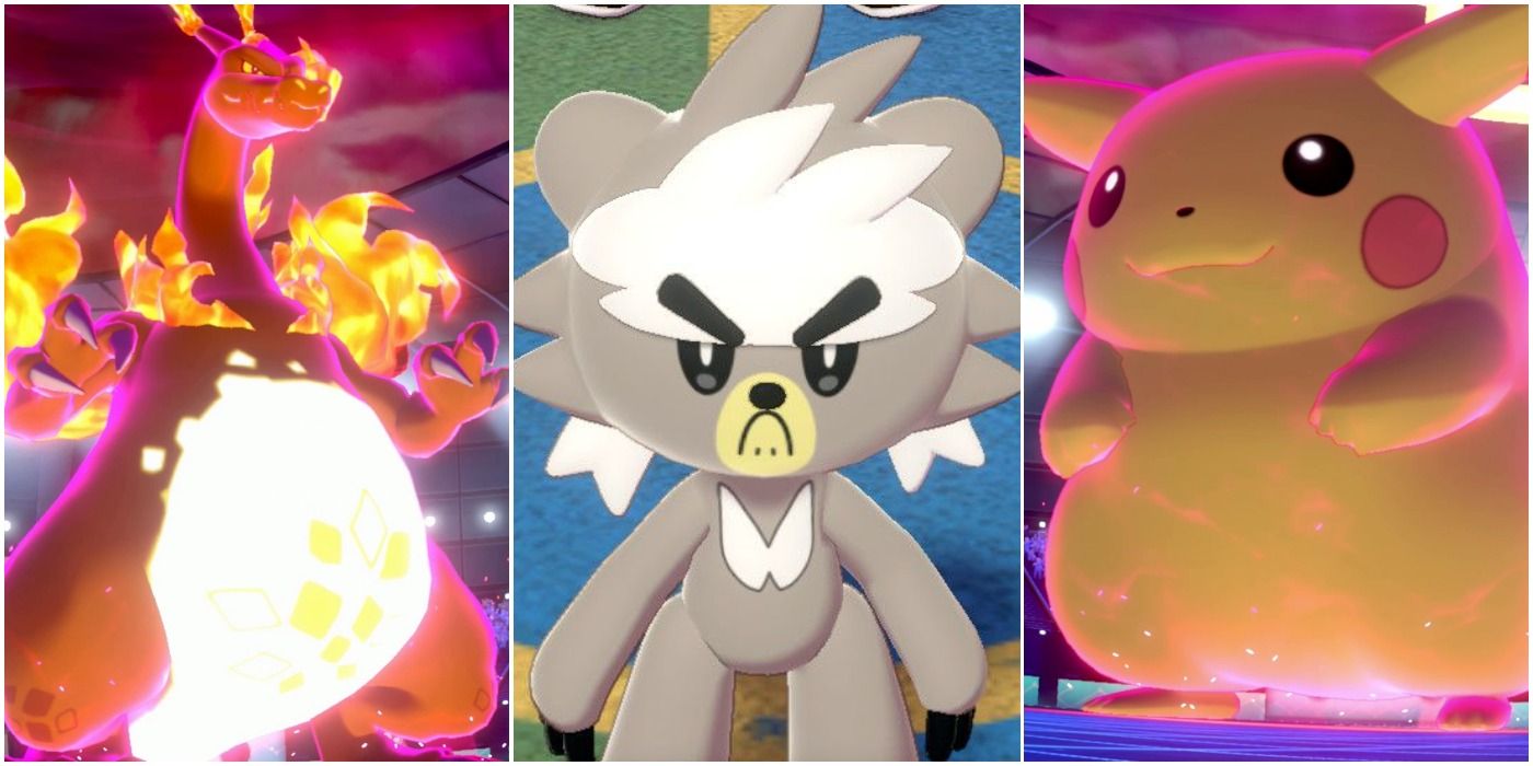 A grumpy Kubfu sitting in-between a Gigantamax Pikachu and Charizard in Pokémon Sword & Shield