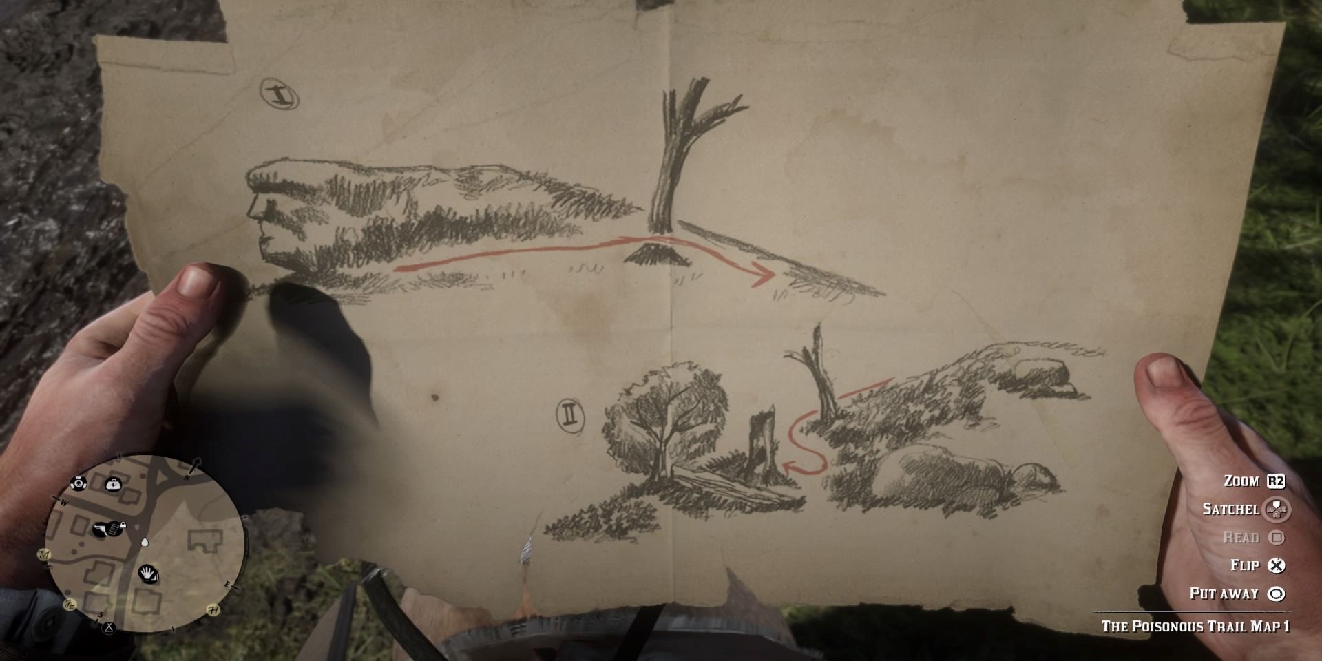 Watching a drawing in two parts that shows a treasure's location.