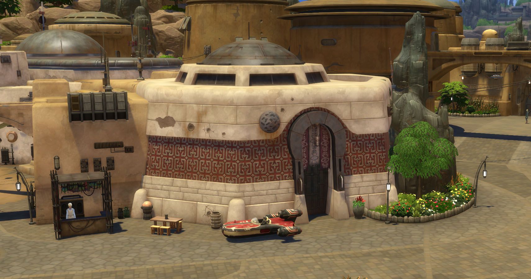 Screenshot of the outside of oga's cantina in Batuu.