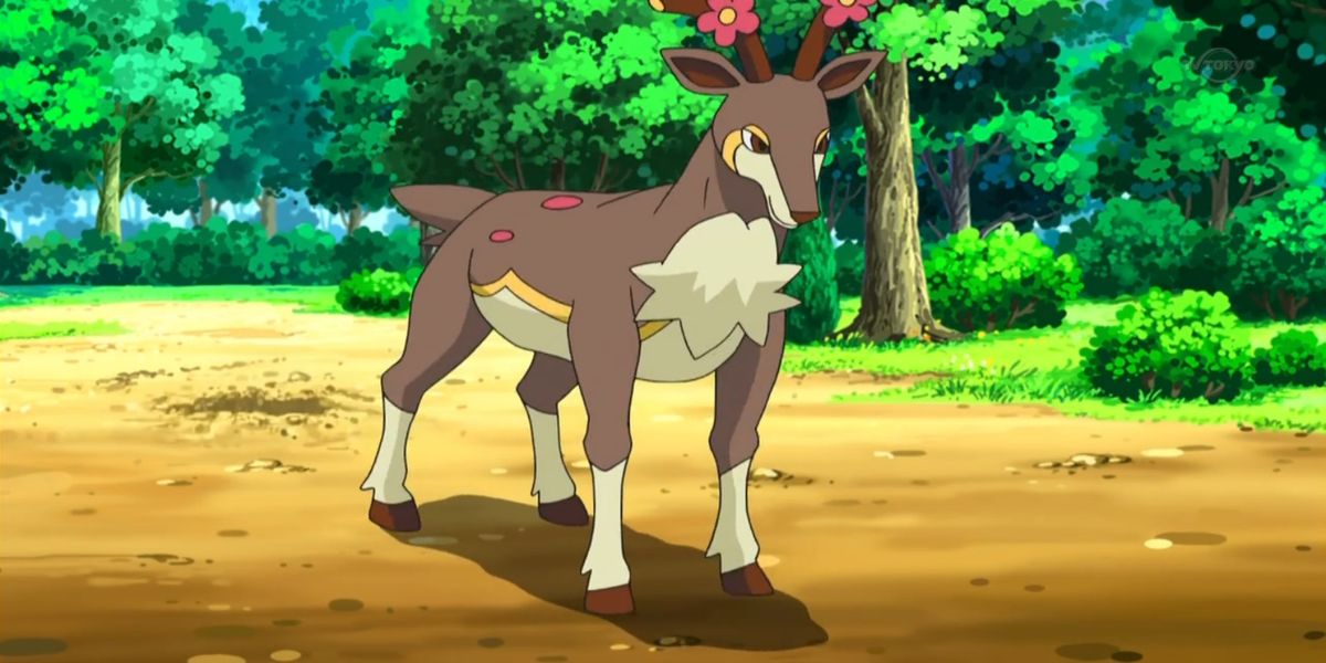 Normal/Grass-type Pokemon Sawsbuck from Generation 5, in a forest