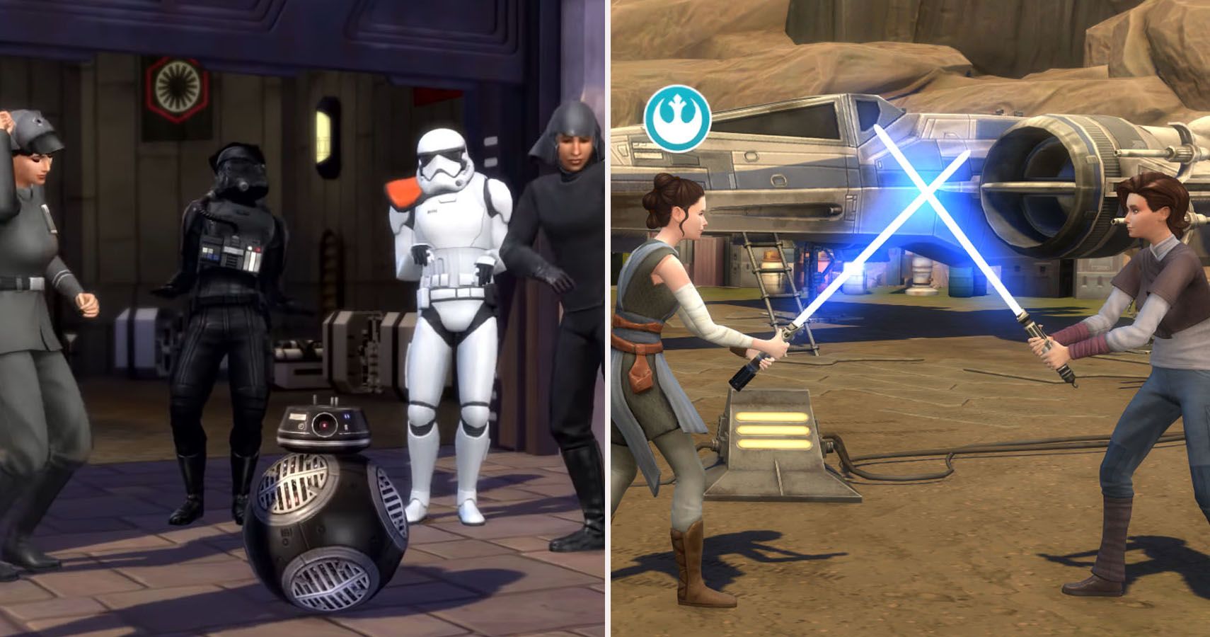 Dancing first order on the left and rey and a sim in a lightsaber duel on the right.