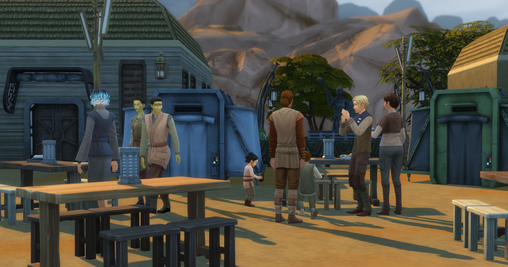 Several sims of different ages in a Resistence style camp in Oasis Springs.