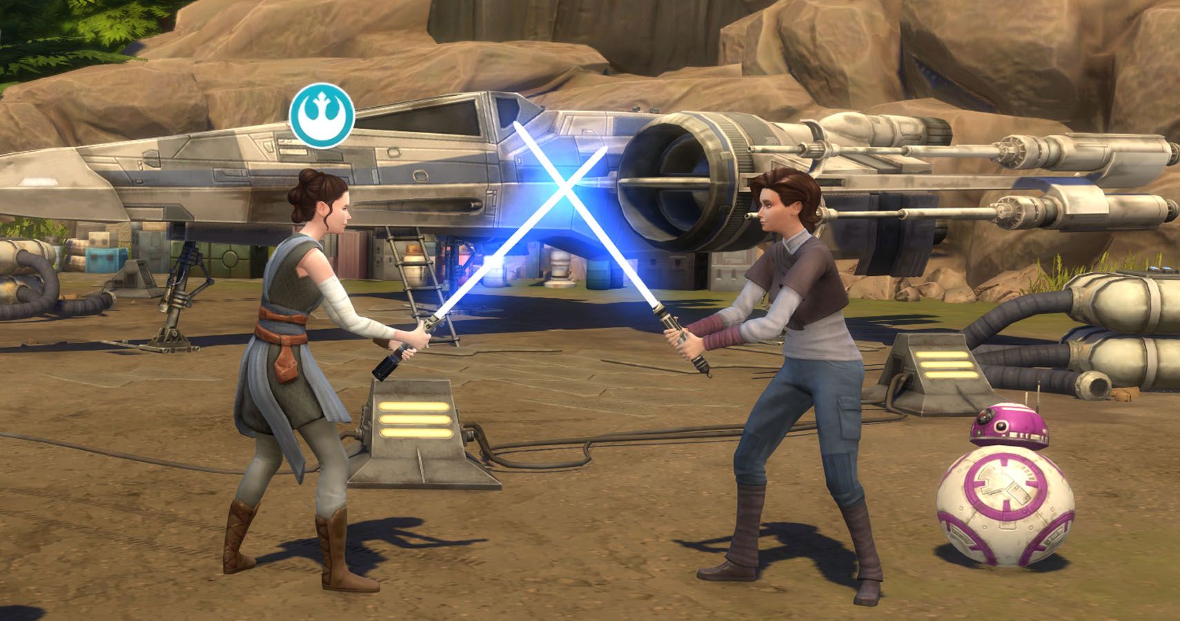 Rey and a female sim crossing lightsabers in from of an x-wing as a BB droid looks on.