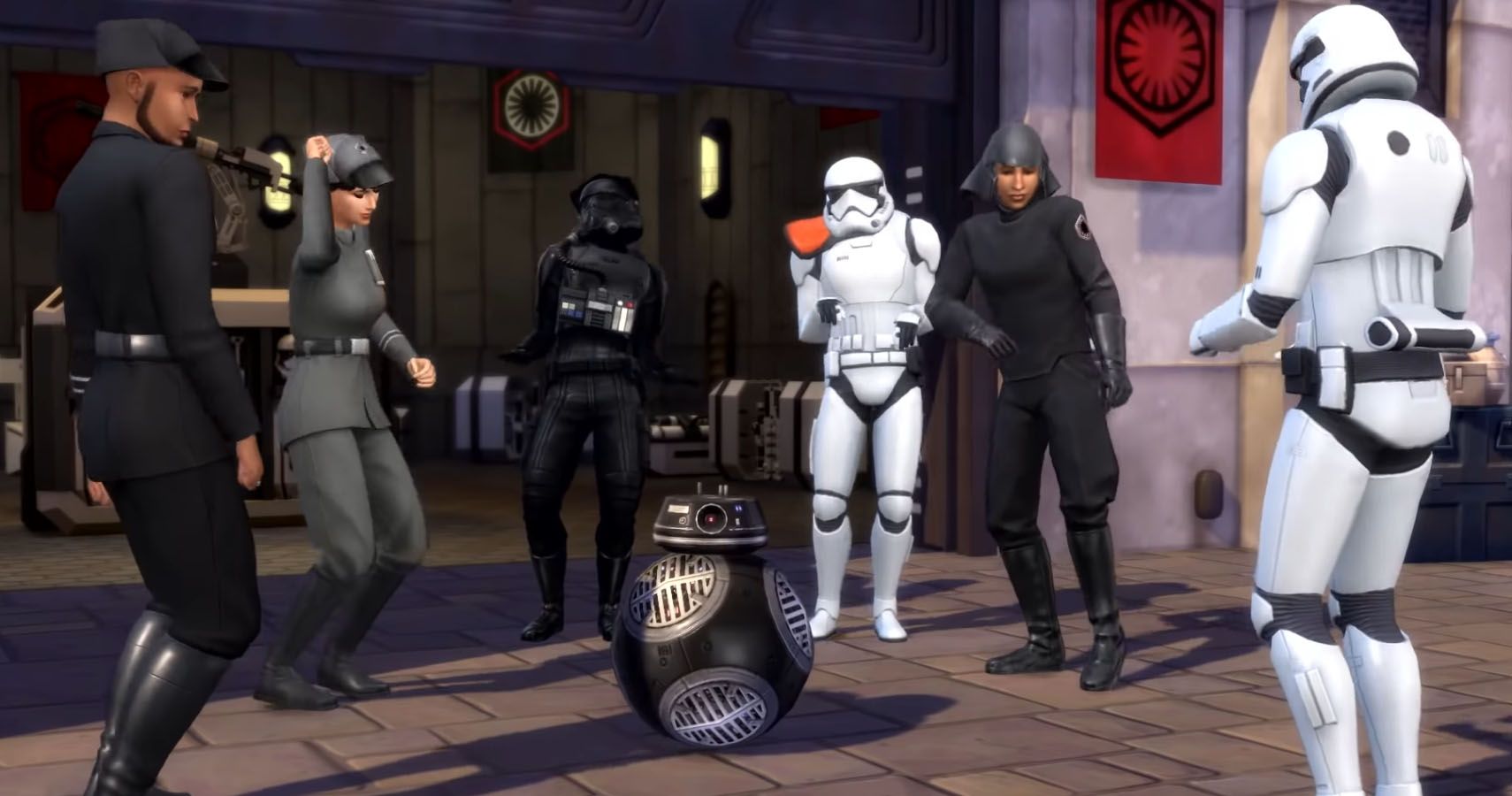 First Order offices and stormtroopers dancing to a droid's radio feature.