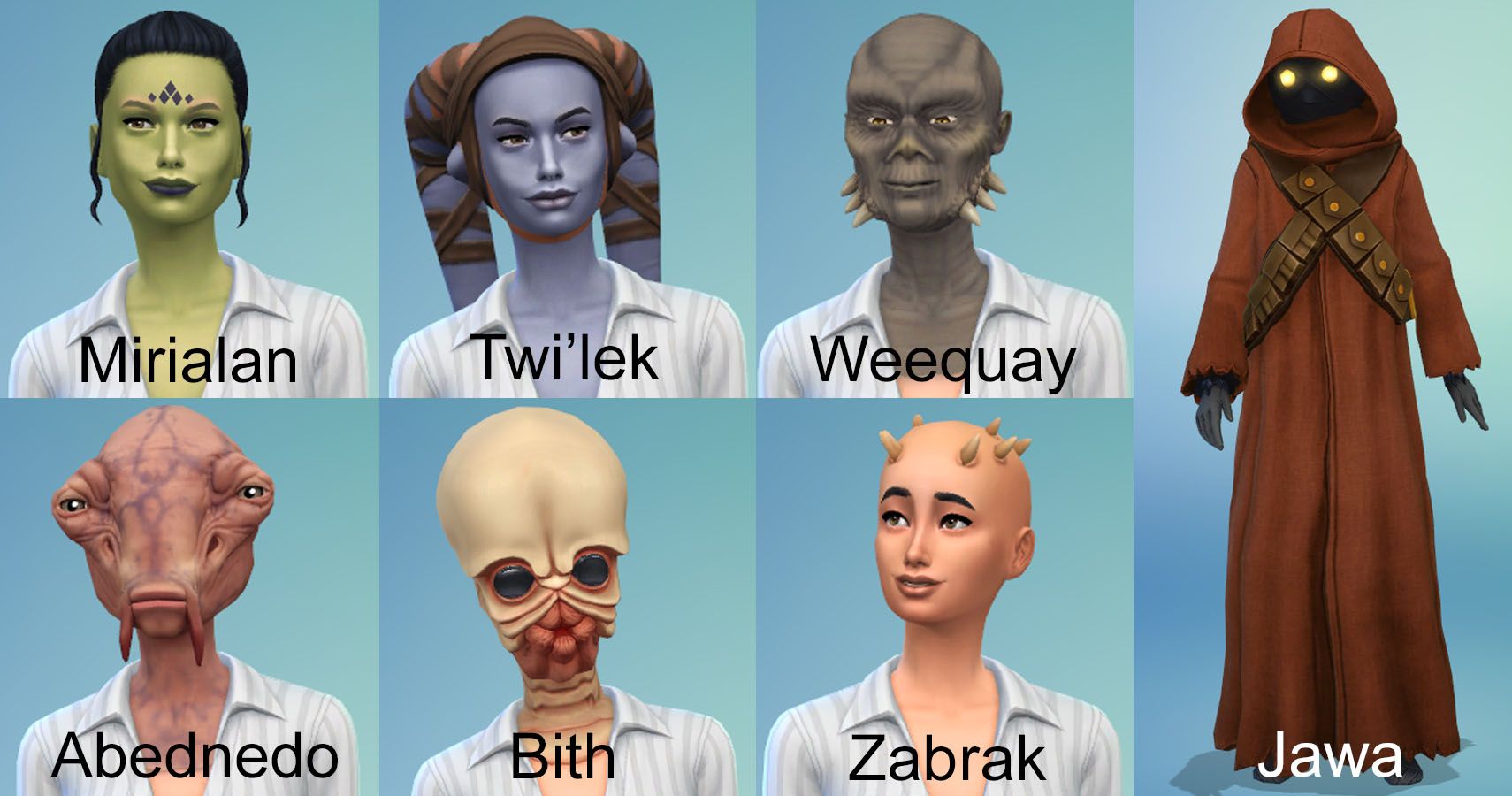Screenshot of the hats/skin for the six alien races you can create plus a jawa.