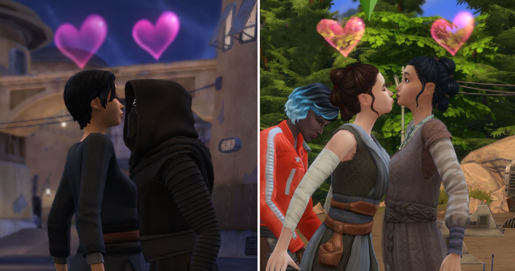 A female sim kissing Kylo Ren's Sim on the left and the same sim kissing the Rey sim on the right.