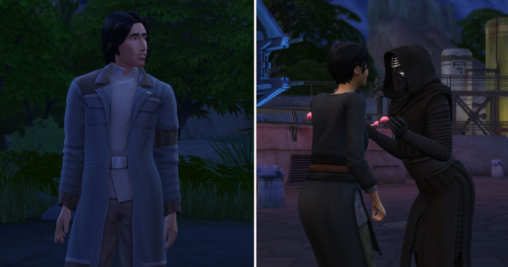 An image of an unmasked Kylo Sim on the left and a costumed version on the right holding hands with a female sim.