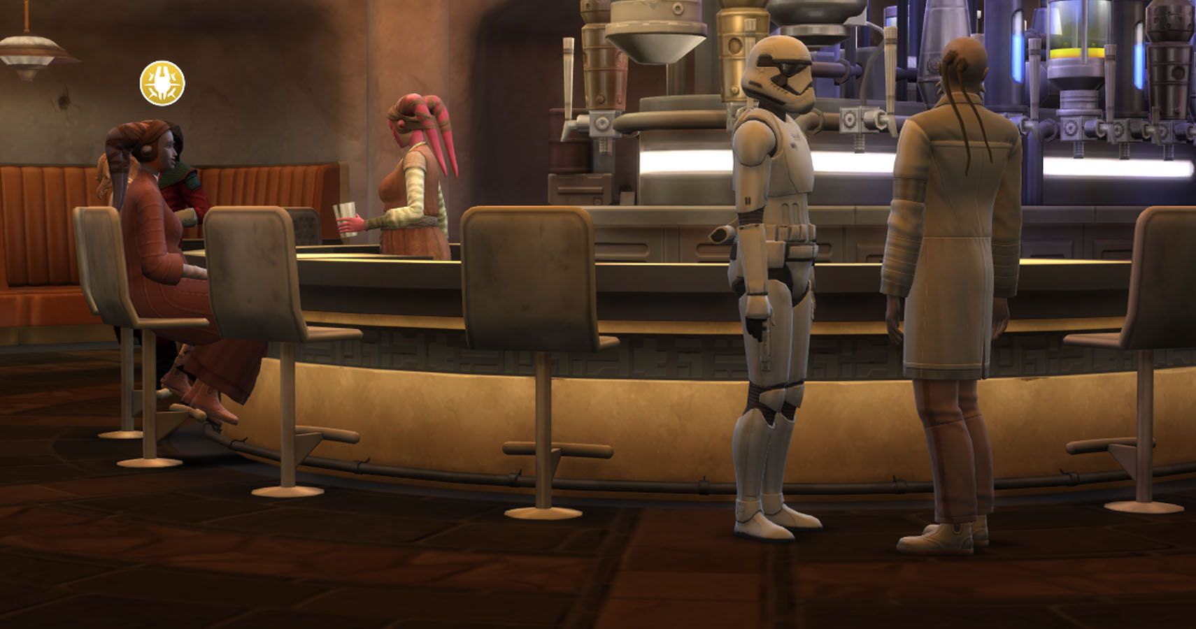Twi'leks and a Stormtrooper hanging around in the cantina.