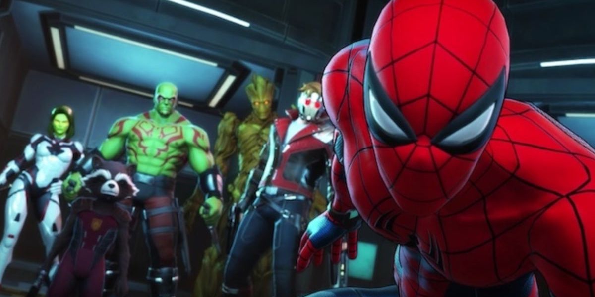 Spider-Man taking a selfie with the Guardians of the Galaxy in Marvel's Ultimate Alliance 3