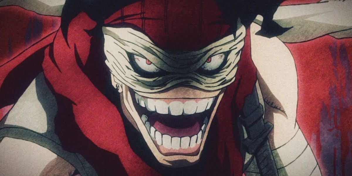 Stain, a villain from the anime series My Hero Academia, grinning evilly