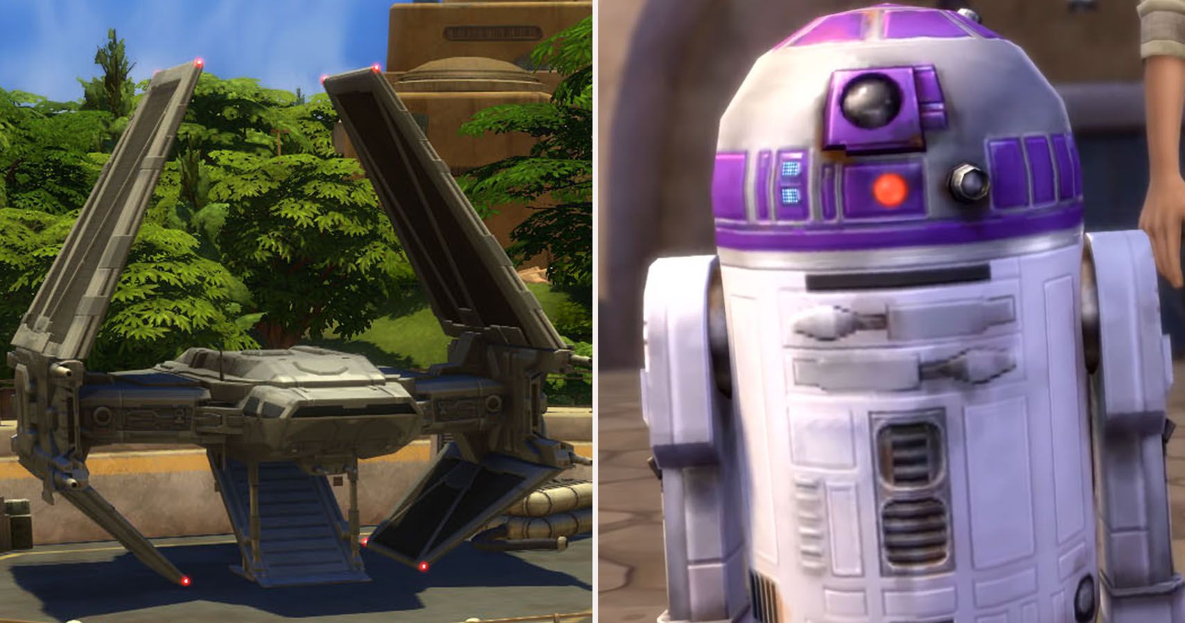 Split Image left side T.I.E. Fighter, right side droid. Both in Sims 4.